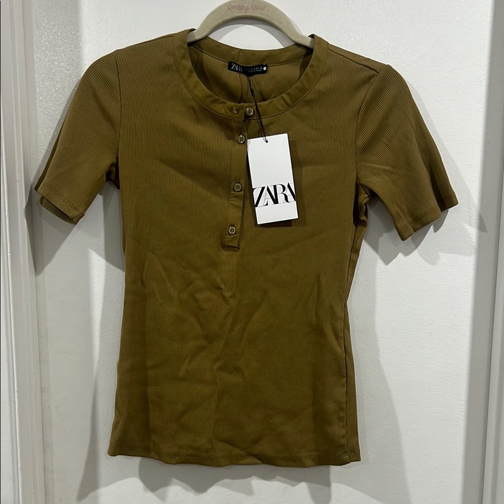 Zara Brown Fitted Short Sleeve Mandarin Collar Tee